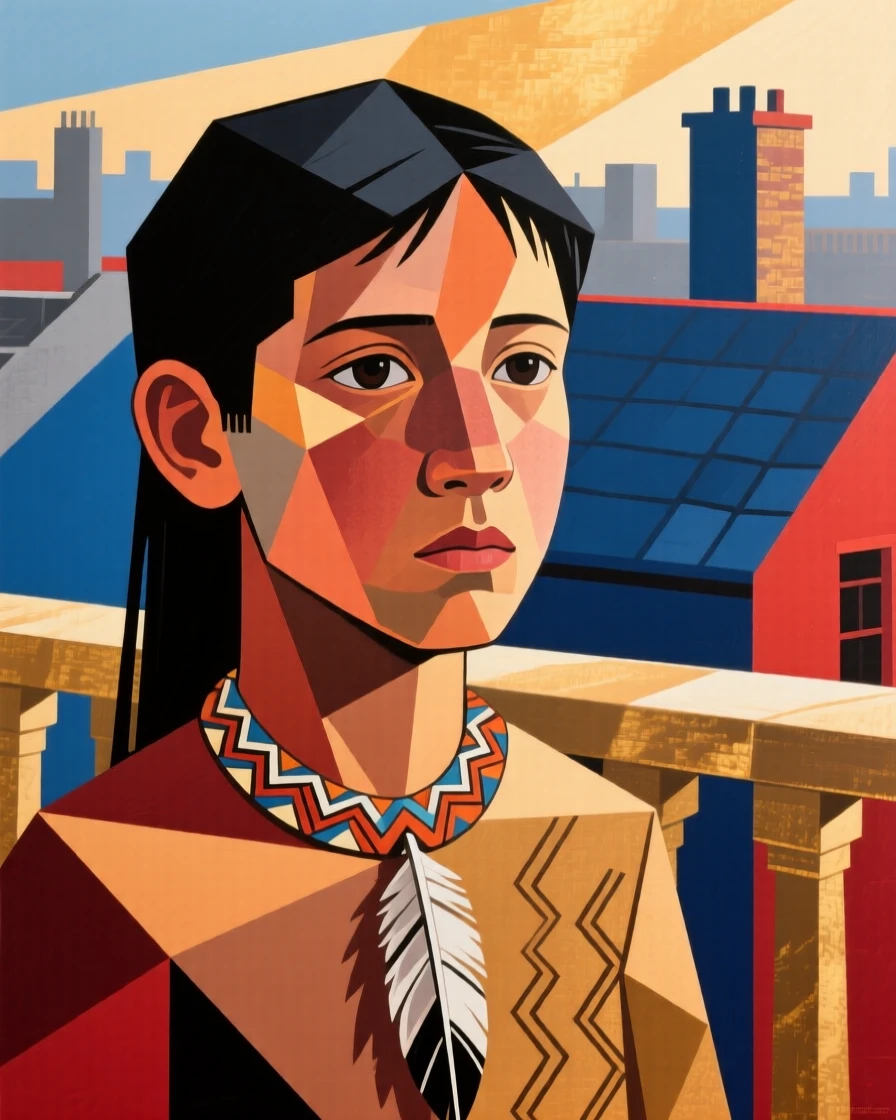 A close-up portrait of a teenage boy of Native American heritage, radiating calm confidence, on a sunlit balcony overlooking rooftops.