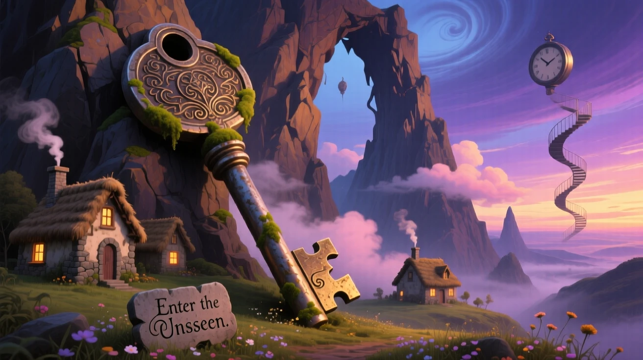 A giant house key leaning against a mountainside like a fallen tower towers silently over a scattering of small stone cottages, as clouds drift slowly through gaps in its structure.