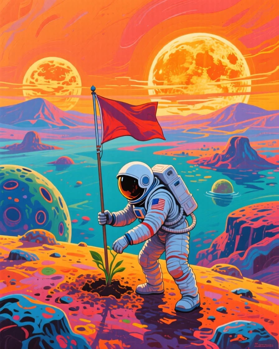 An astronaut planting a flag on an alien world beneath two distant suns setting together