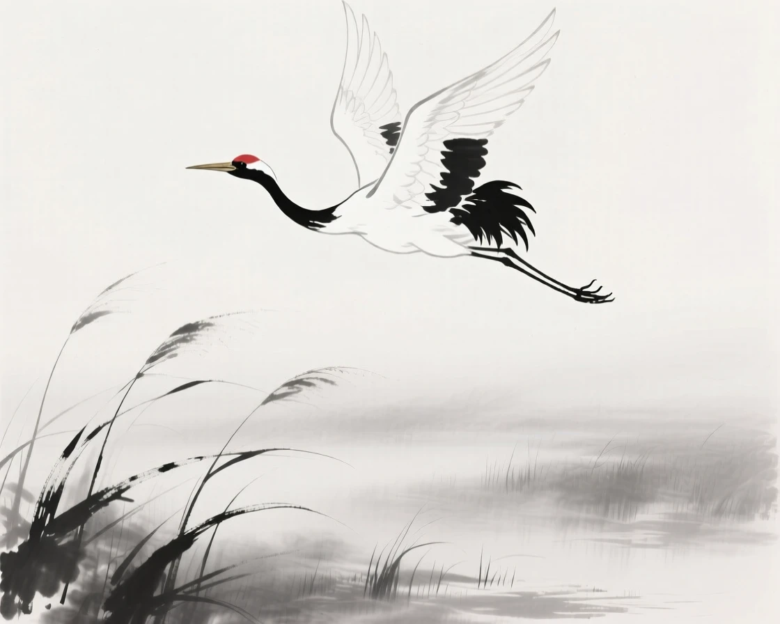 A single white crane takes flight above a misty marsh, while reeds bend gently in the breeze.
