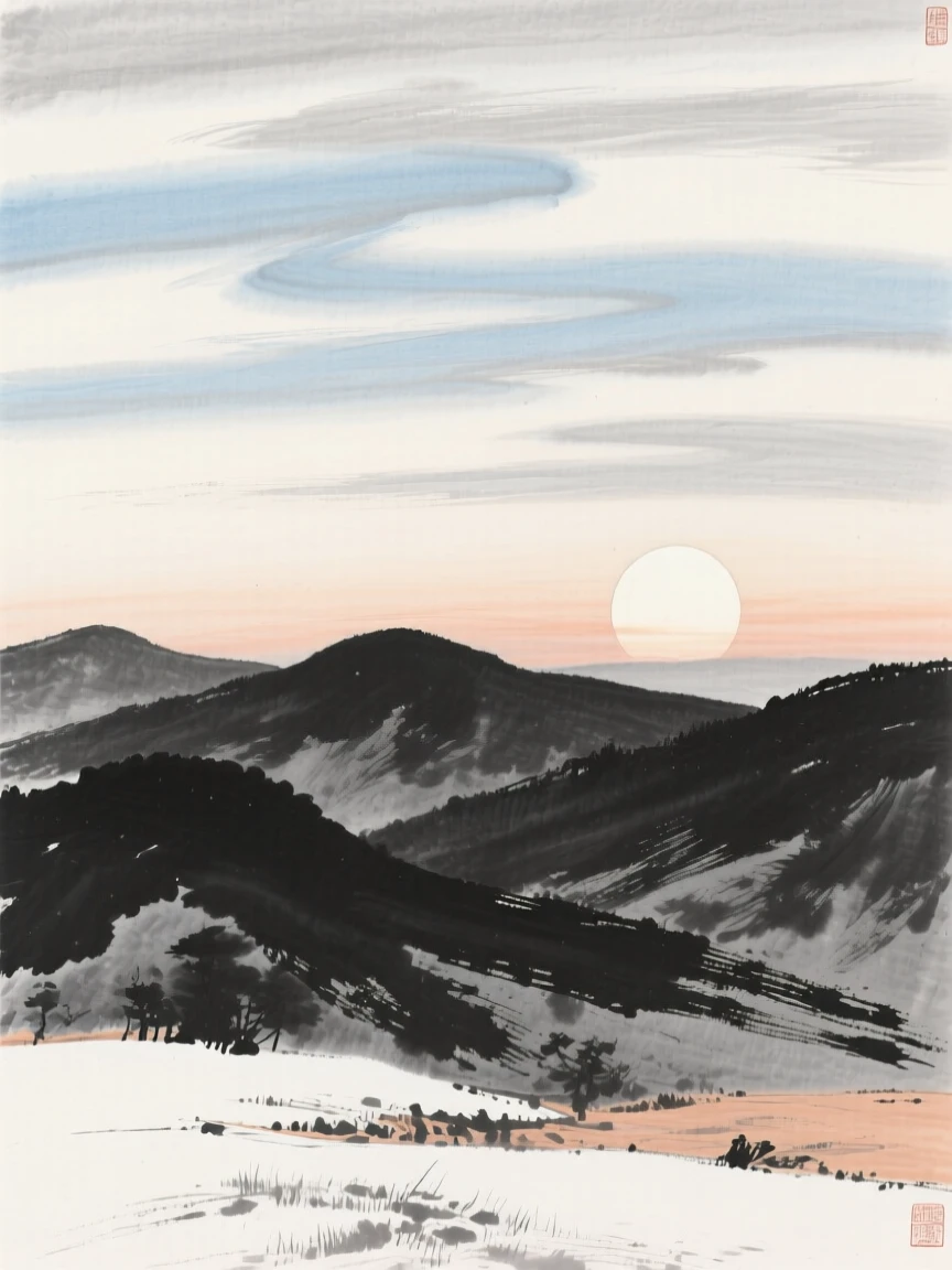 The last light of day fading behind a row of distant hills, under a sky streaked with clouds, as winter frost settles, under a full moon.