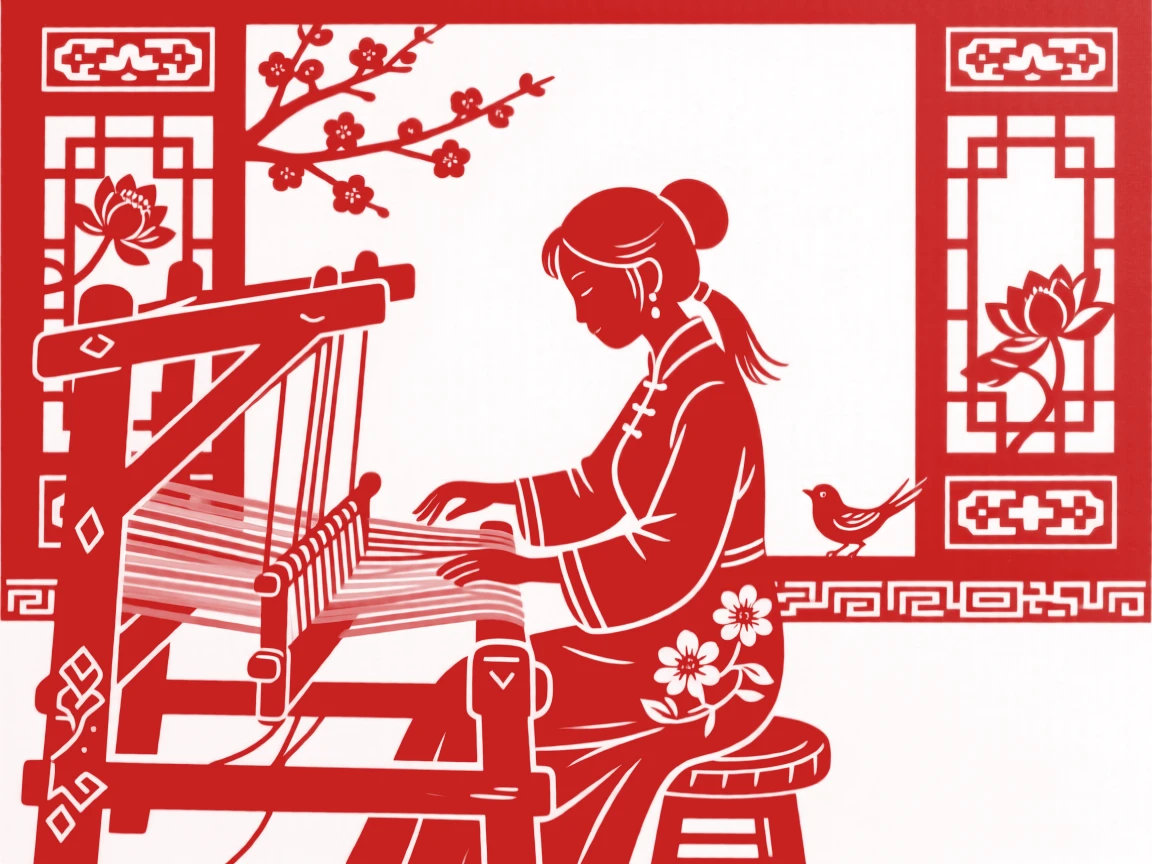 A woman weaving cloth on a wooden loom by a window, sunlight catching the colorful threads