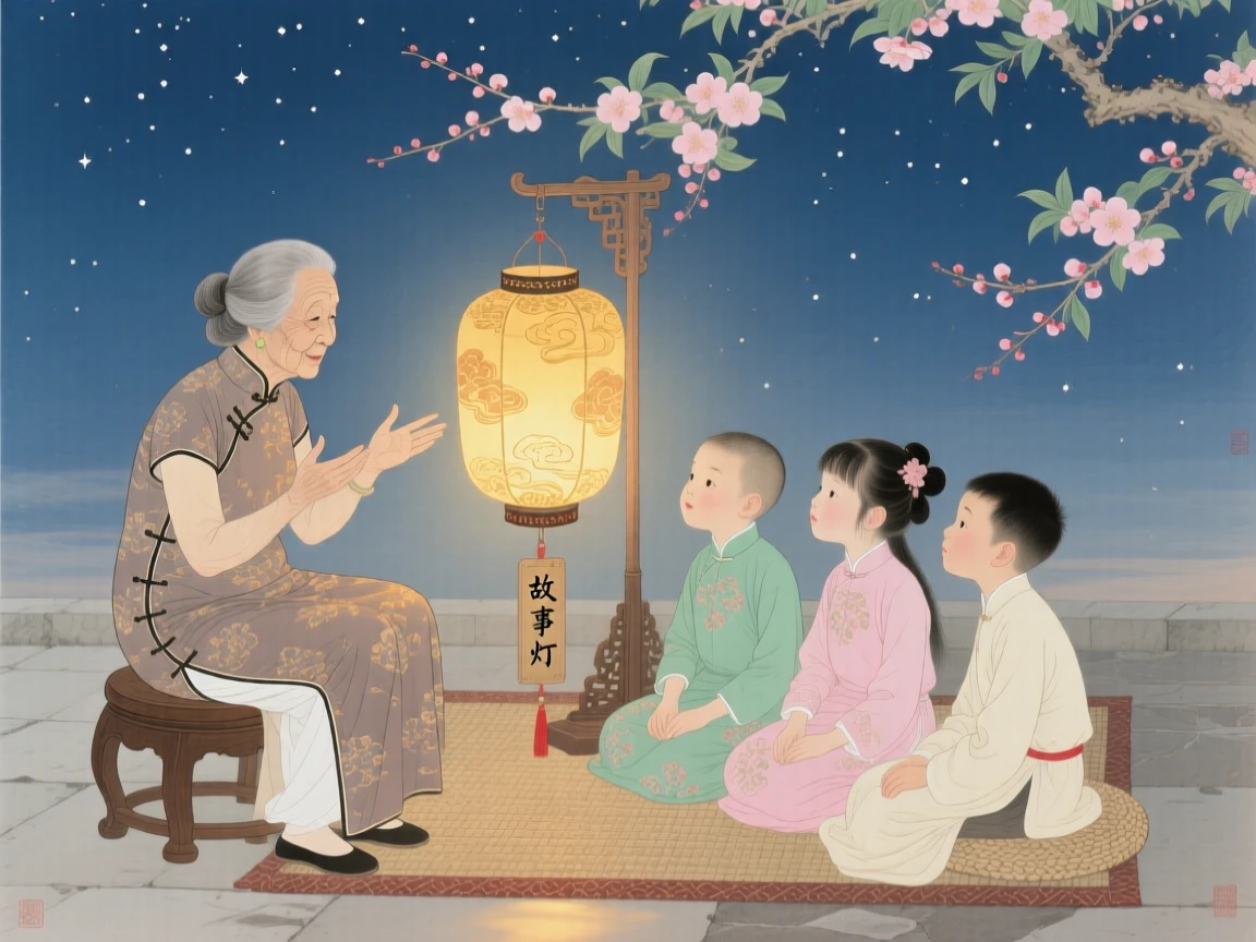A grandmother telling stories to her grandchildren beside a warm lantern, under a sky filled with the first stars of evening
