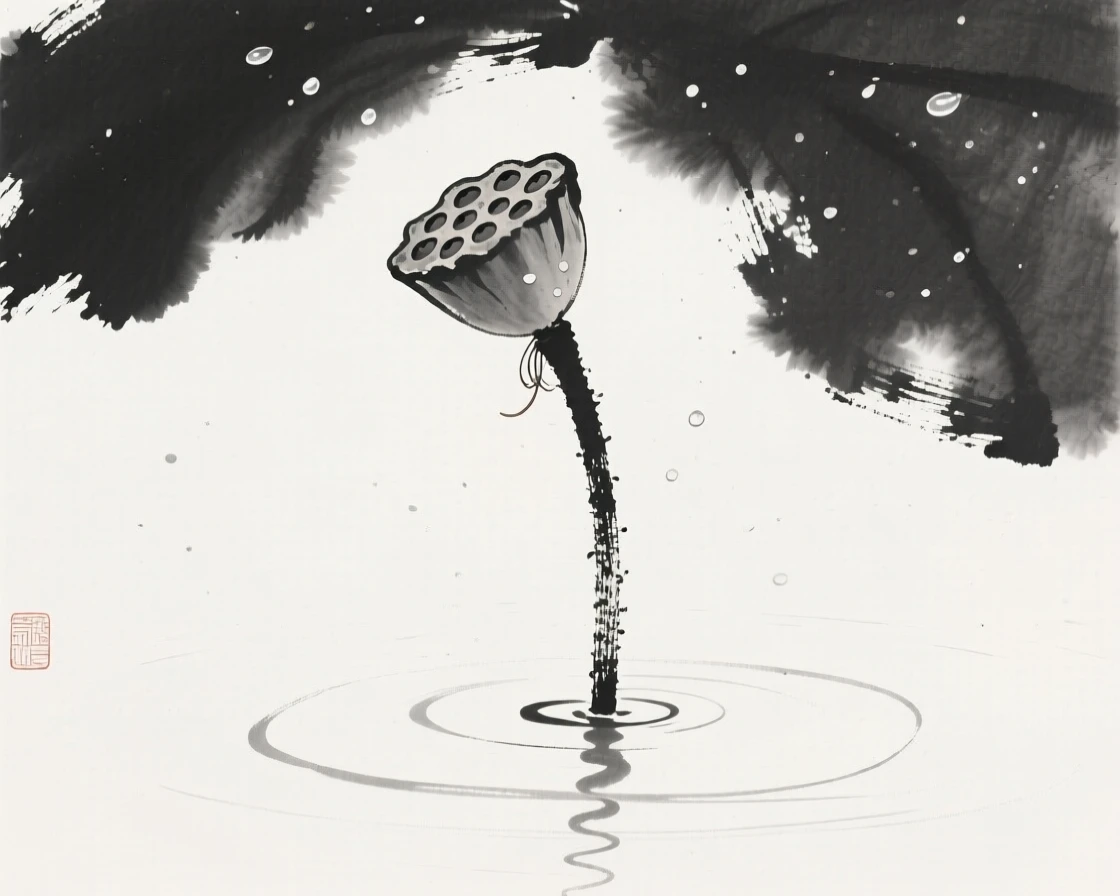 A solitary lotus pod rising above still water beneath a light dusting of morning dew, seen from a low angle looking upward, conveying gentle stillness and natural harmony.