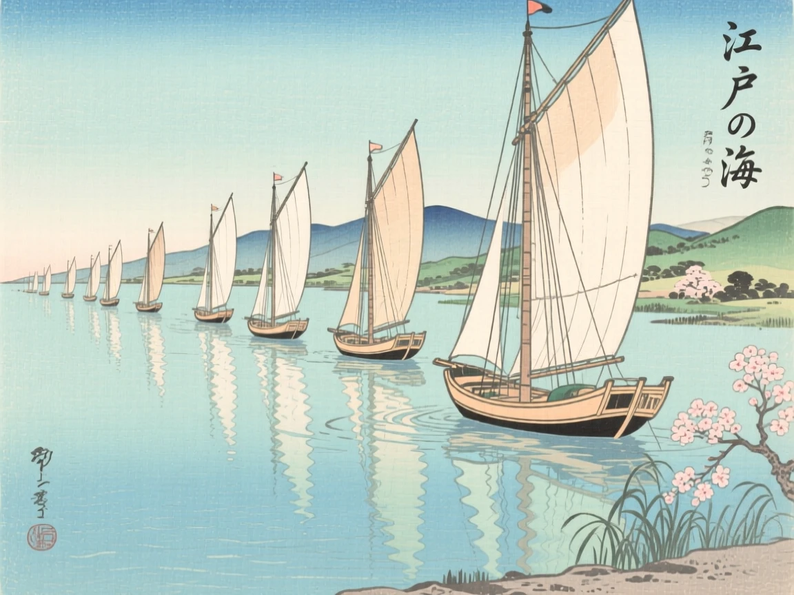 A fleet of sailboats reflected in glassy calm water, beneath a clear midday sky.