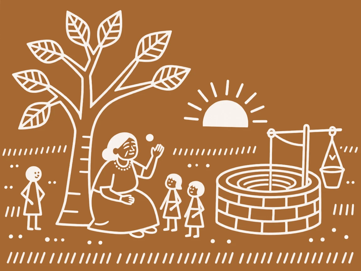 A grandmother sitting together under a tree telling stories near a well at sunrise.