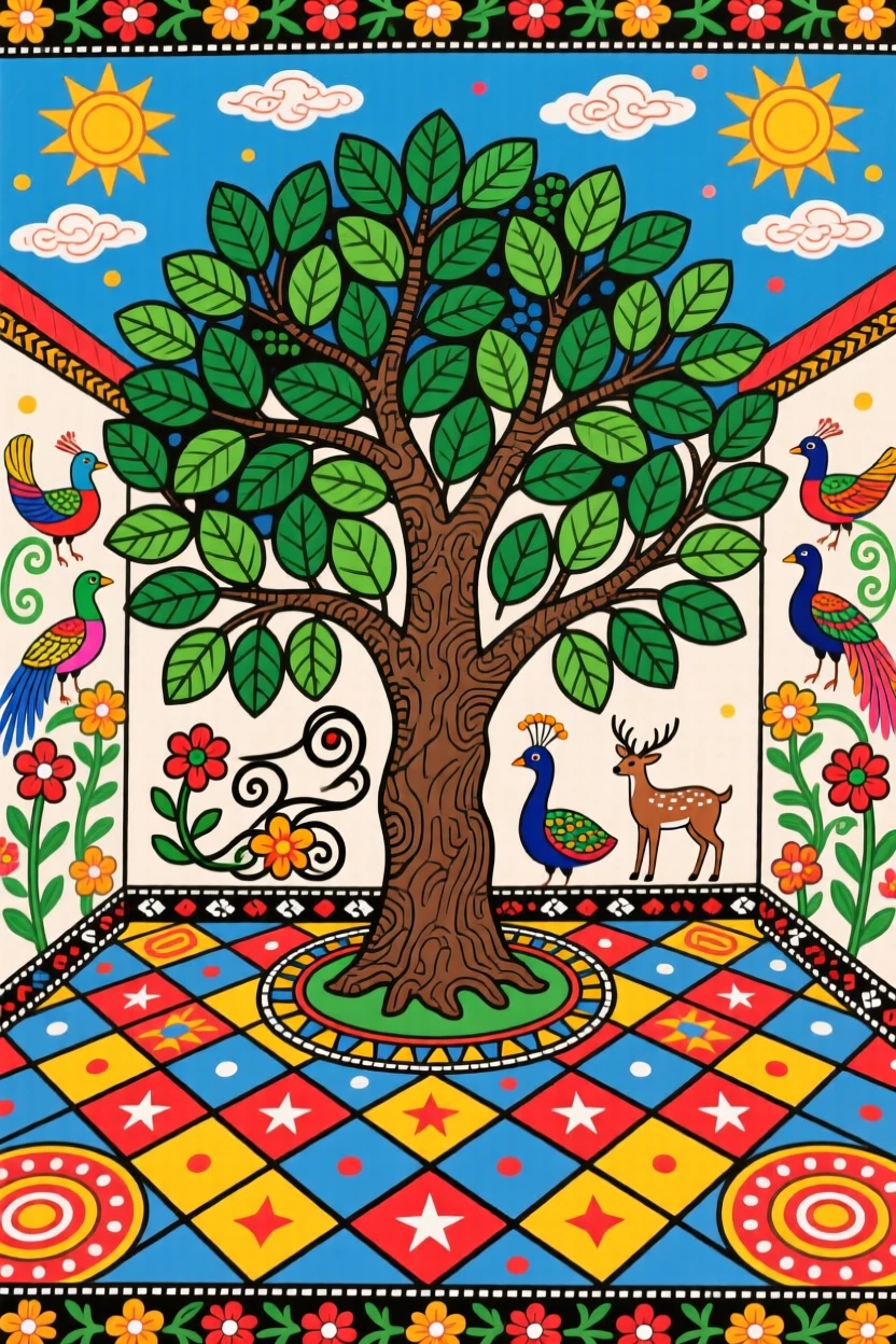 An ancient neem tree standing at the center of a quiet courtyard.