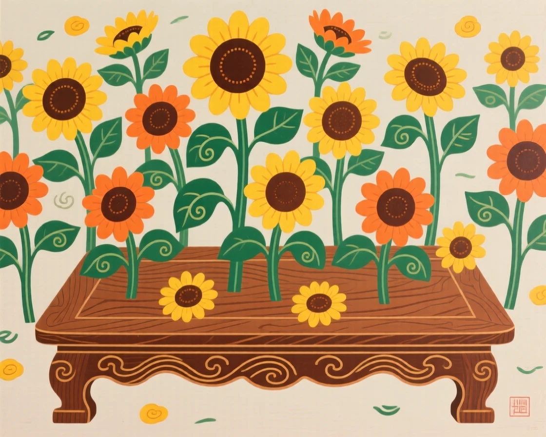 A still arrangement of a field of sunflowers scattered across a low wooden table.