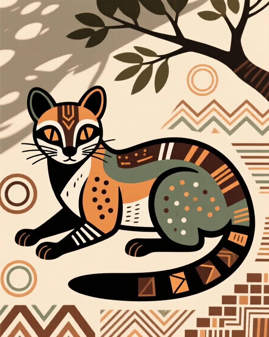 A genet resting in dappled shade at noon.