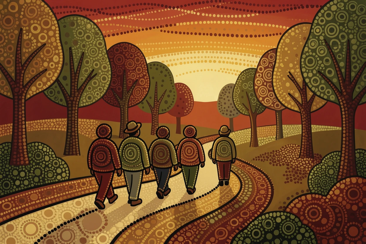 A group of friends hiking a forest trail at sunset