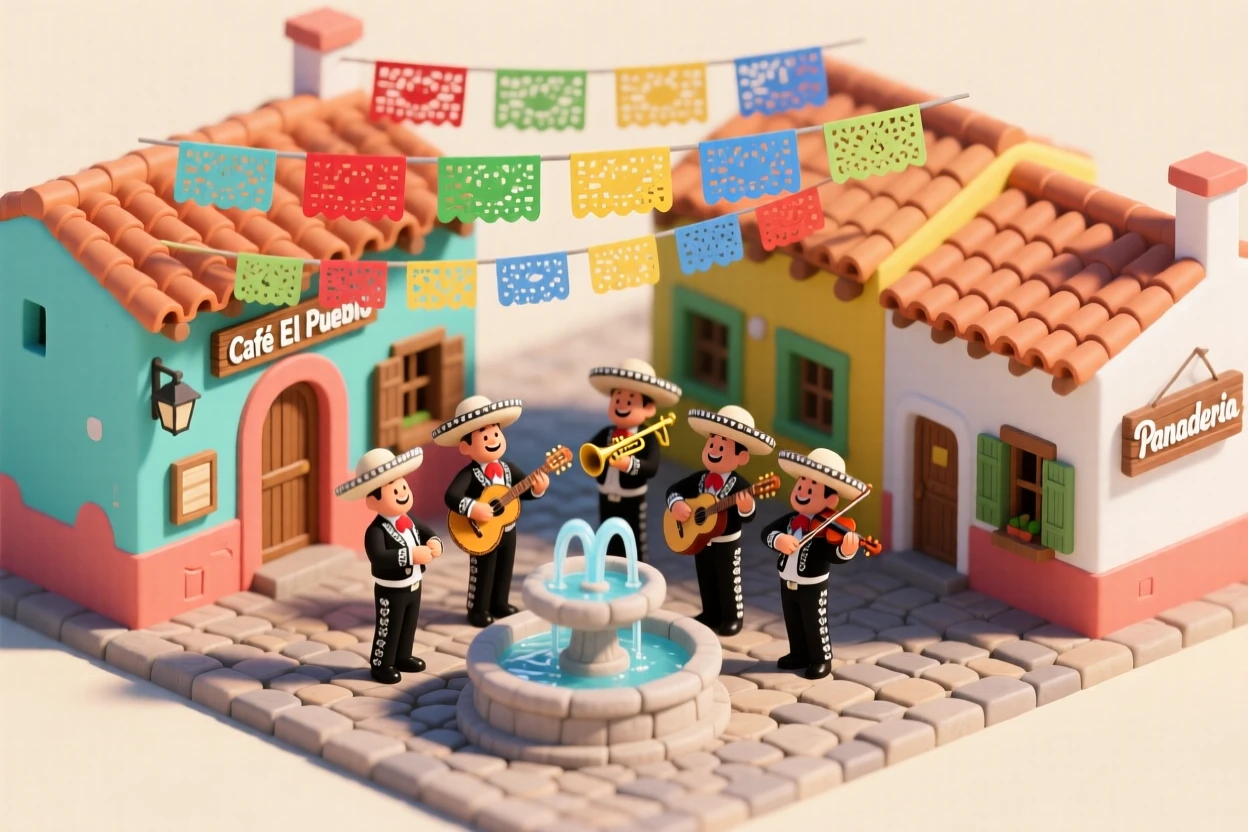 A miniature Mexican pueblo with brightly painted buildings, papel picado banners strung across the plaza, and a mariachi band playing near a central fountain.