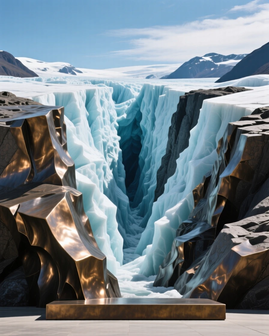 A dramatic ice canyon carved through a glacier, under a vast and dramatic sky, offering a breathtaking sense of place
