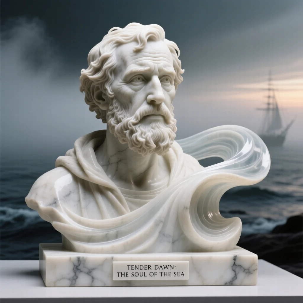 A tender portrait of a rugged sailor, eyes wide with wonder, amid swirling fog at dawn, evoking warmth and humanity
