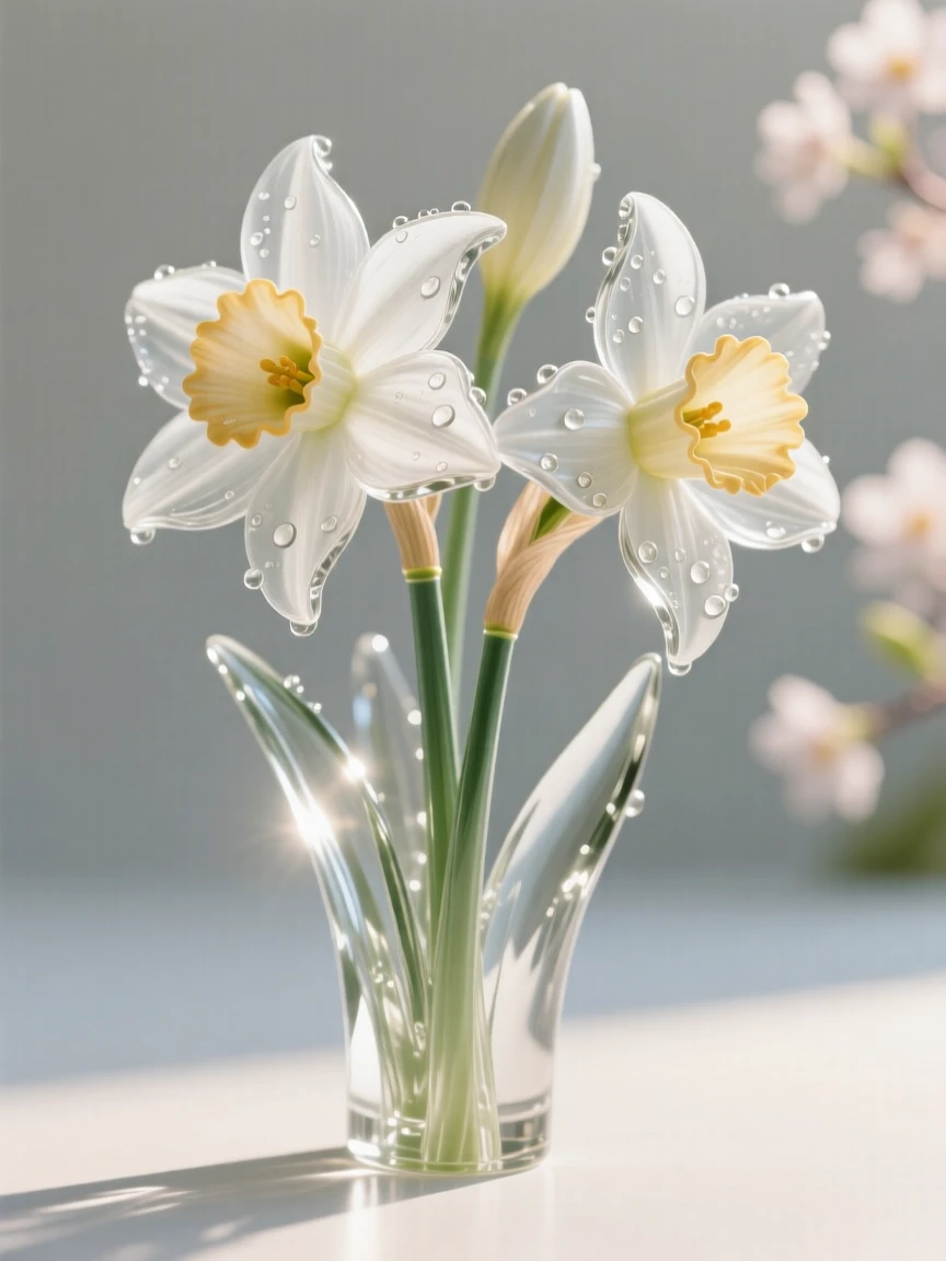 Daffodils in early spring, backlit by soft morning sunlight, dew drops clinging to the petals, composition centered and intimate, evoking freshness and calm.