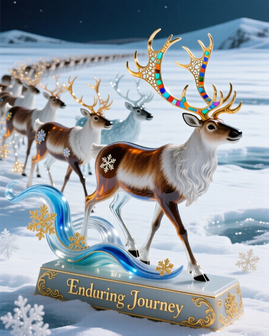 A herd of caribou migrating across a vast frozen tundra, epic and enduring.