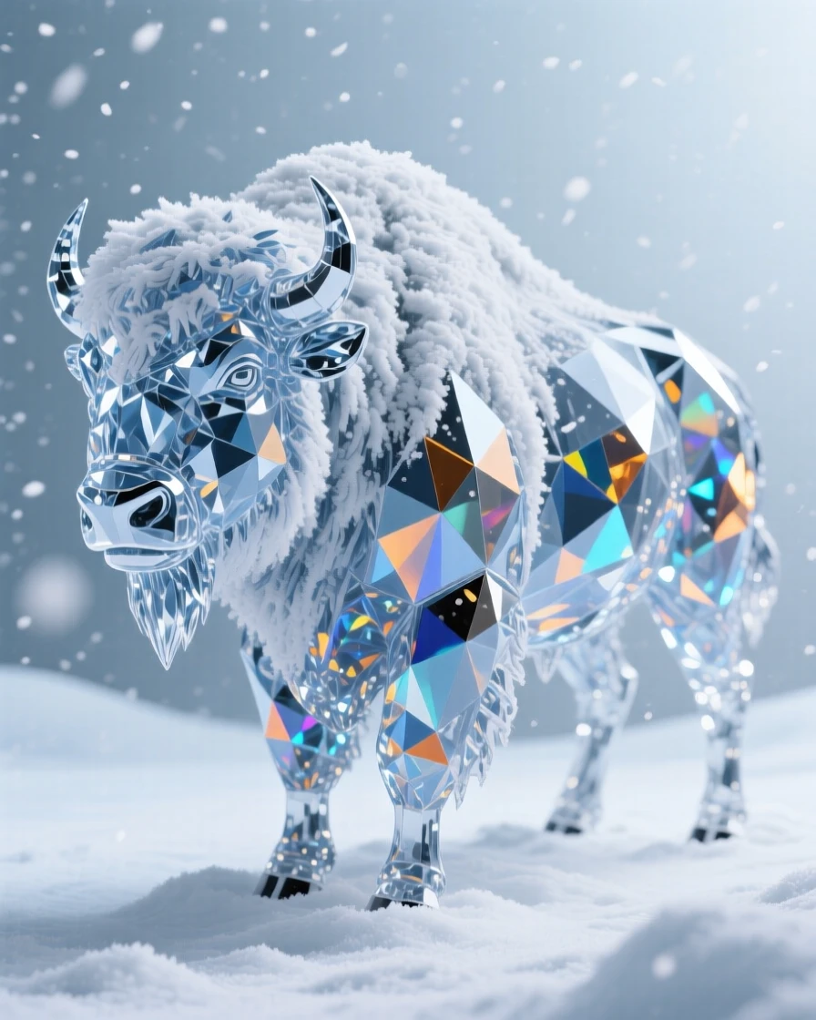 A majestic bison standing in a snowstorm, frost coating its thick fur.