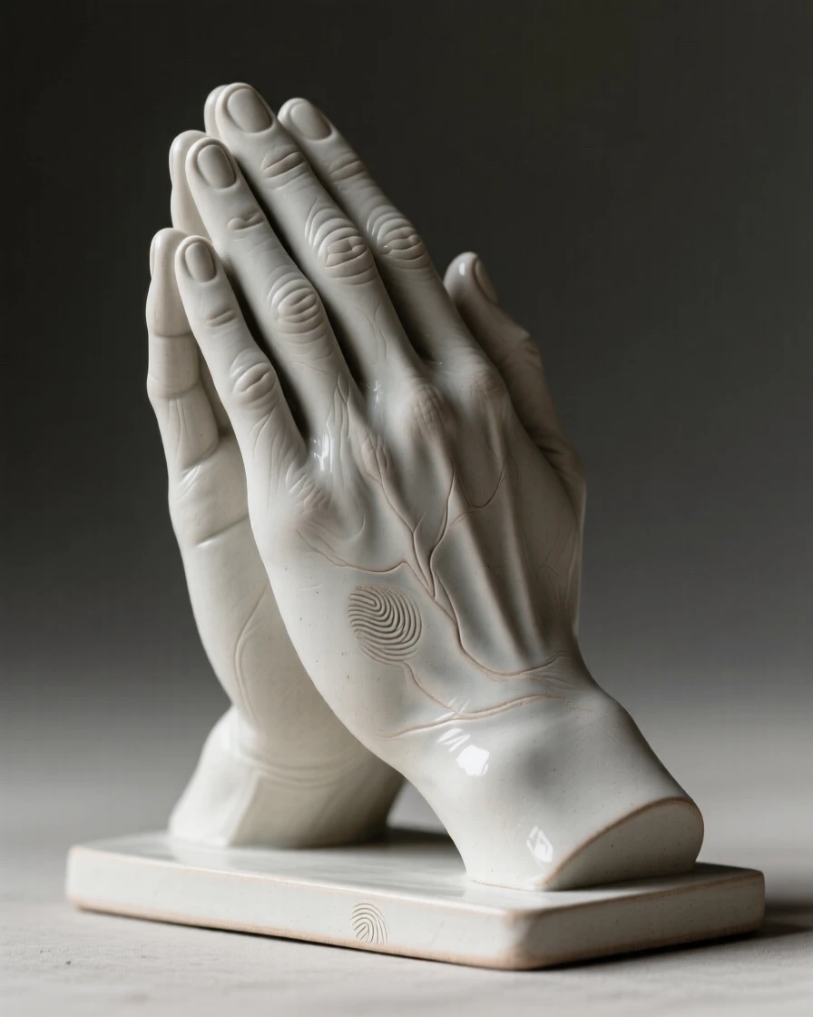 A pair of praying hands in quiet repose posed with understated, timeless refinement, finished with graceful, flowing lines, radiating sophistication and timeless taste.