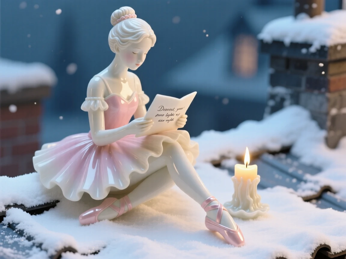 A youthful ballerina reading a letter by candlelight, her posture calm and dignified, in a snow-dusted rooftop.