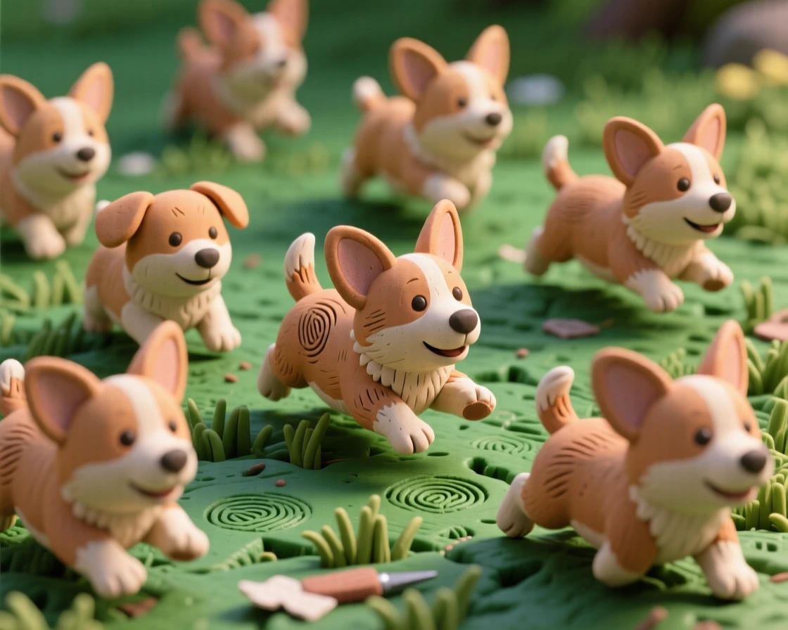 A litter of corgi puppies racing across a green lawn