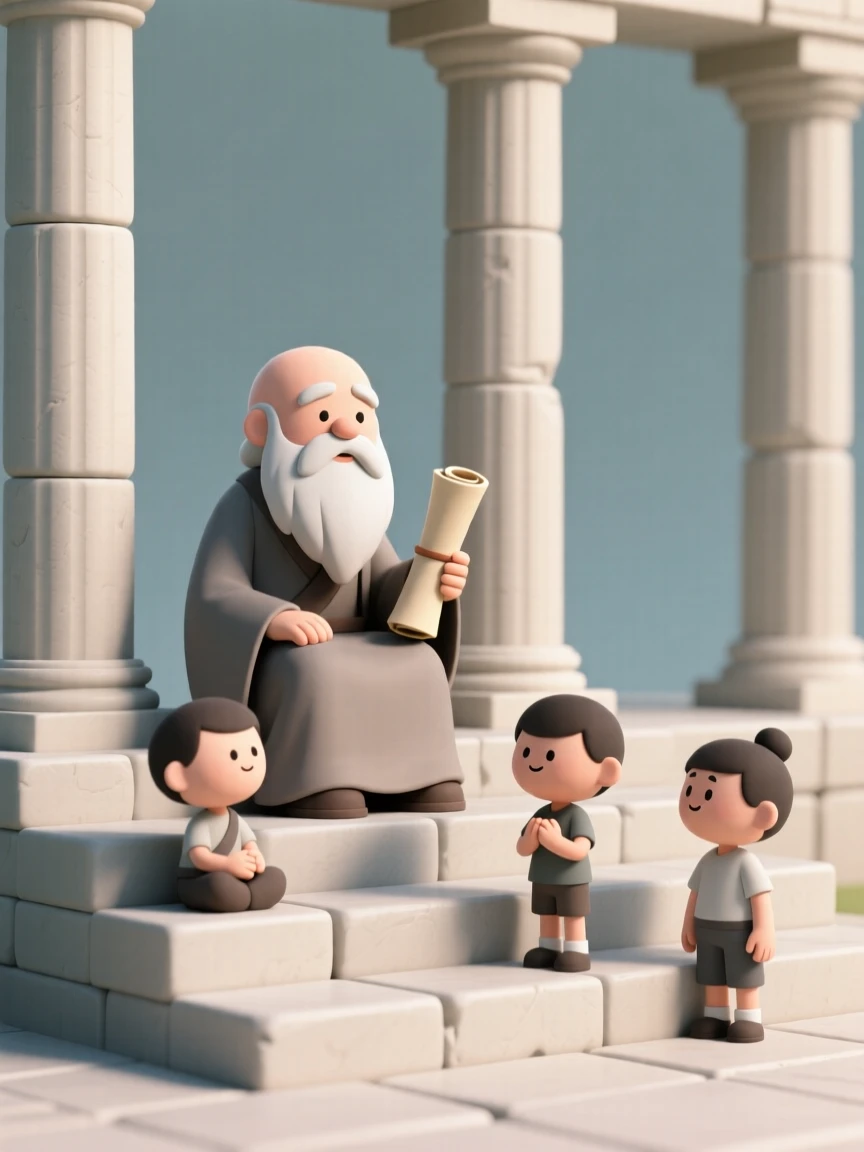 A wise philosopher sits on stone steps beneath ancient columns, scroll in hand as students gather to listen.