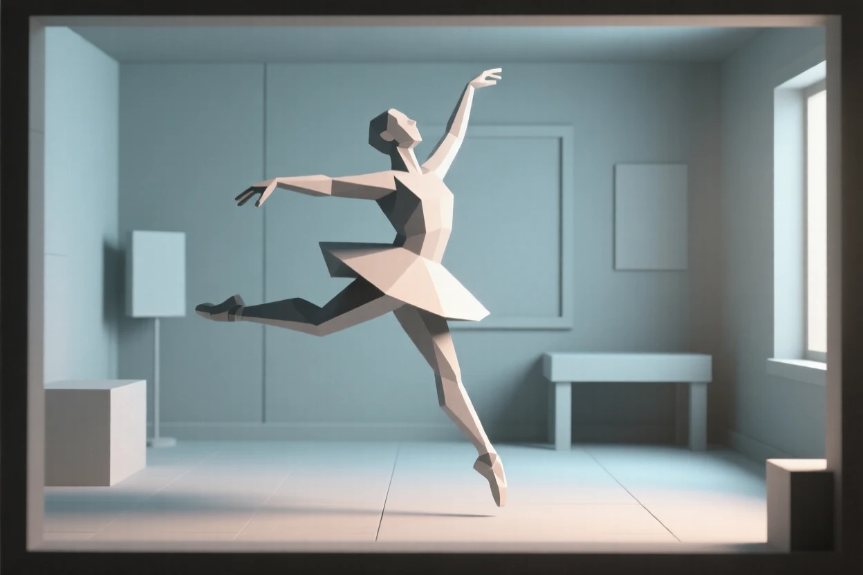 A dancer frozen mid-leap in graceful motion, in a softly lit cozy room. the framing emphasizes motion and energy. The mood feels tender and heartfelt.