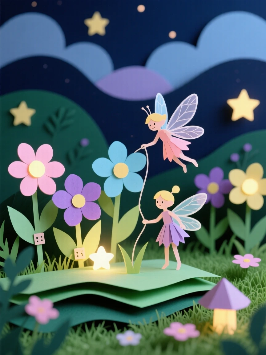 A garden of glowing flowers tended by tiny winged fairies at twilight, soft light emanating from each blossom, evoking delicate enchantment.