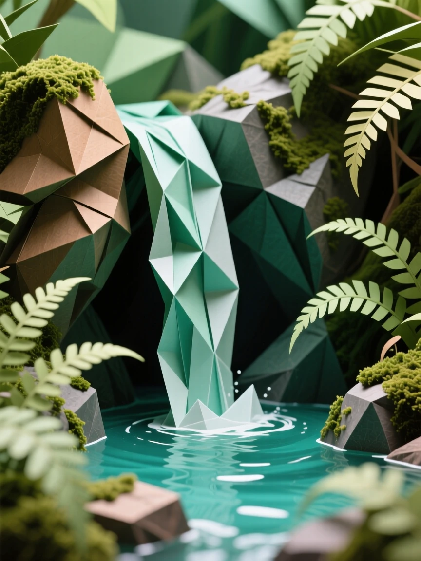 A hidden waterfall cascading into a turquoise pool surrounded by ferns and moss-covered rocks.