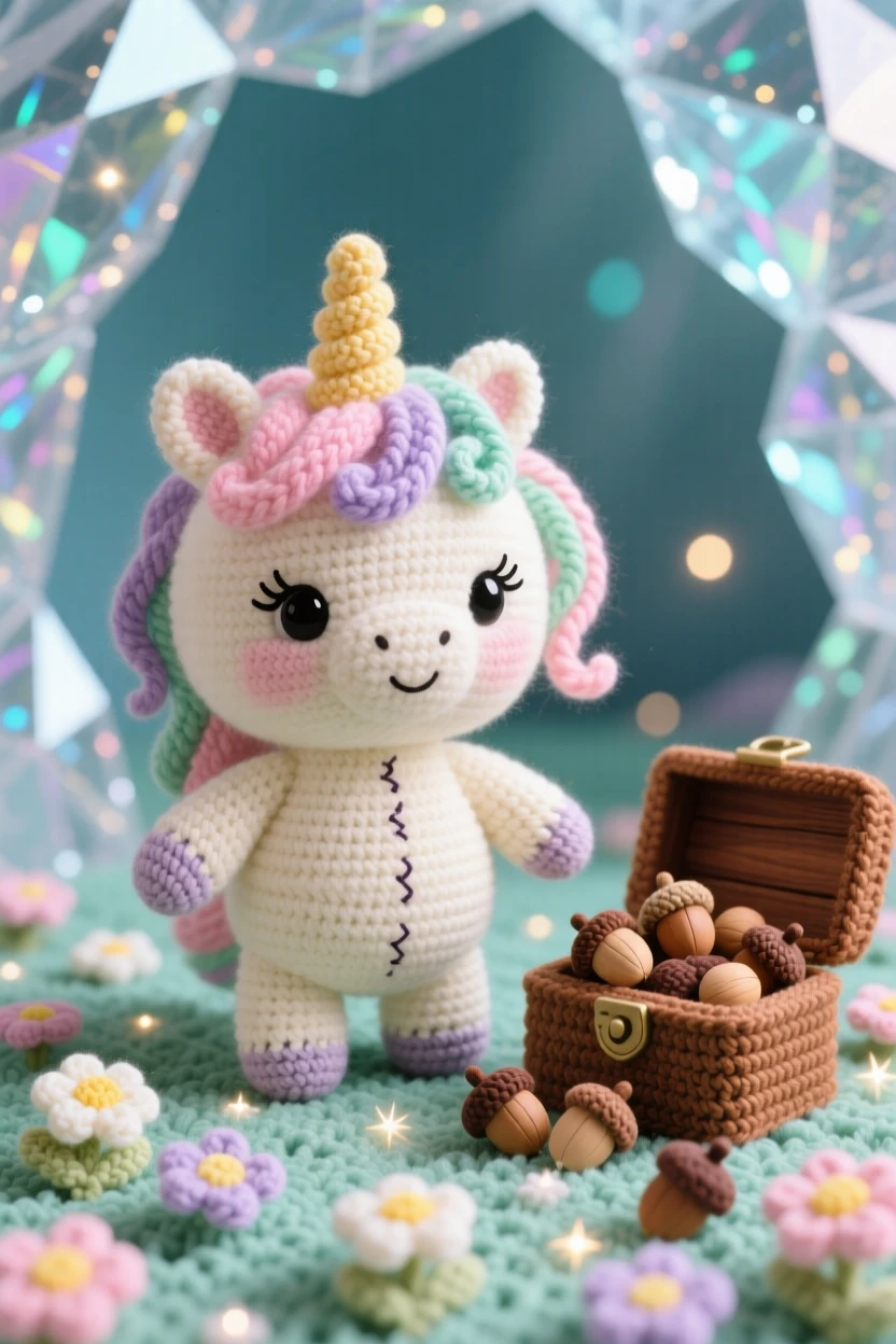 A charming portrait of a round baby unicorn, with a short spiral horn and a flowing mane, prancing through a field of glowing flowers beside a small wooden chest overflowing with acorns in a crystal cave sparkling with soft light, conveying a sense of gentle magic and quiet wonder.
