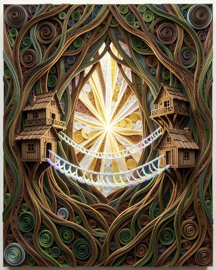 a treehouse village connected by glowing rope bridges, within a cathedral of ancient twisted roots, centered with radiant light emanating outward, with soft bioluminescent glow illuminating the scene.