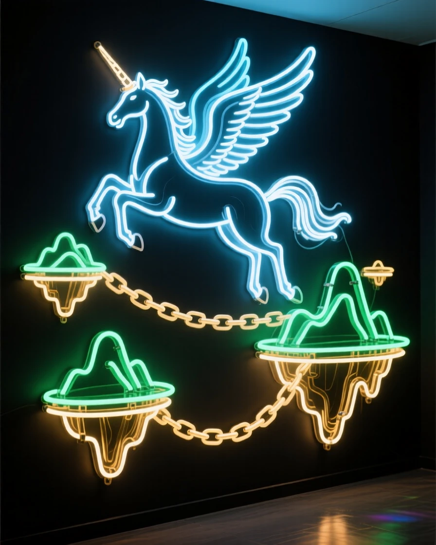 A pegasus soaring above a chain of floating islands.