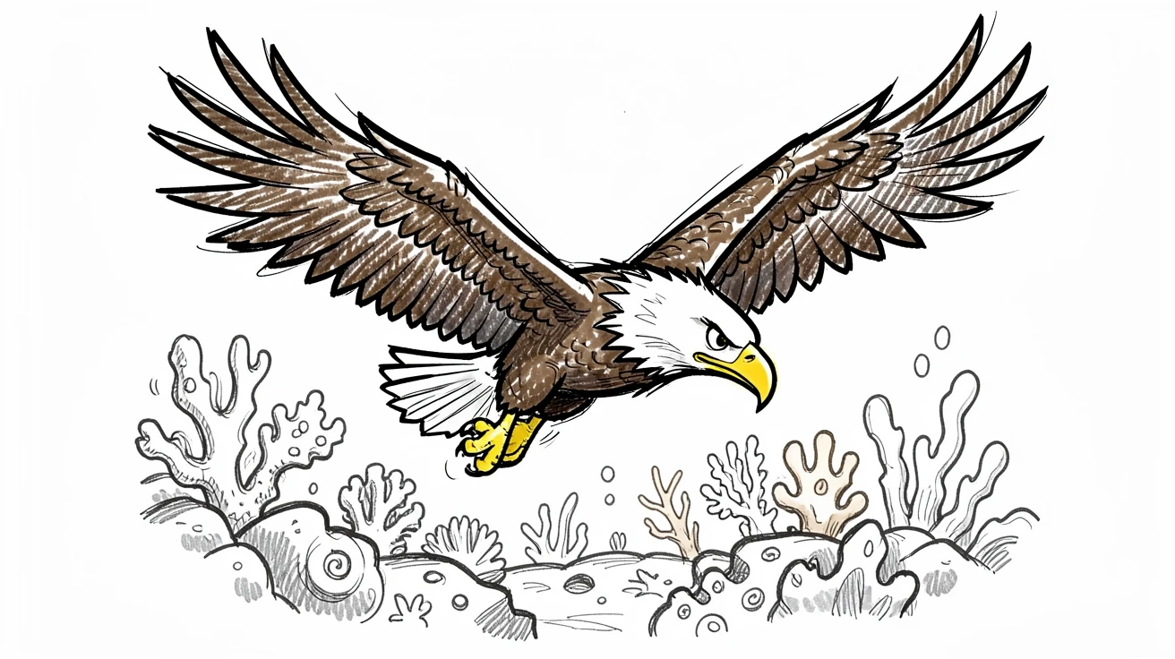 A bald eagle soaring at the edge of a coral reef.