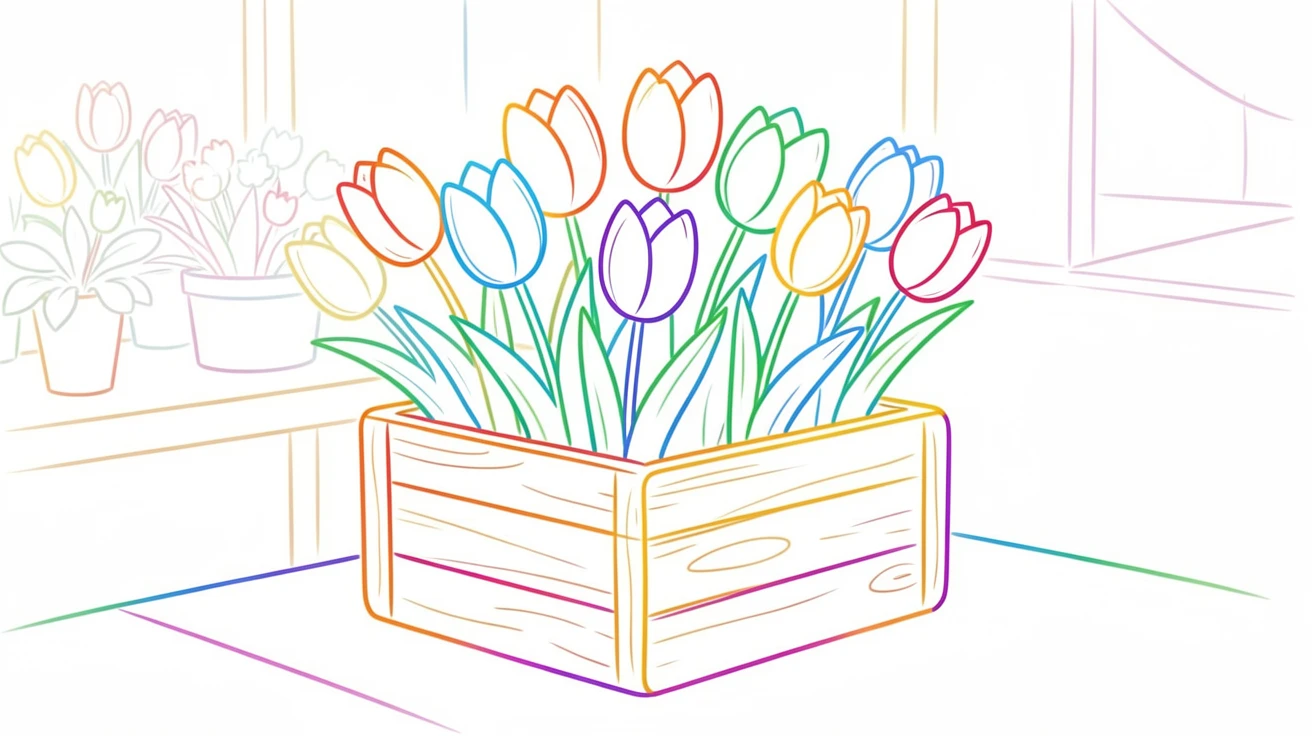 A cluster of tulips in a wooden crate at an outdoor flower market stall.