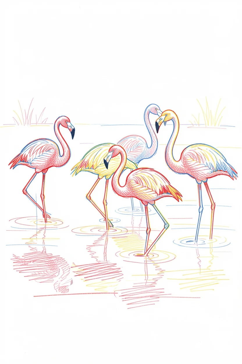 A flock of flamingos wading through shallow pink-tinted lake water