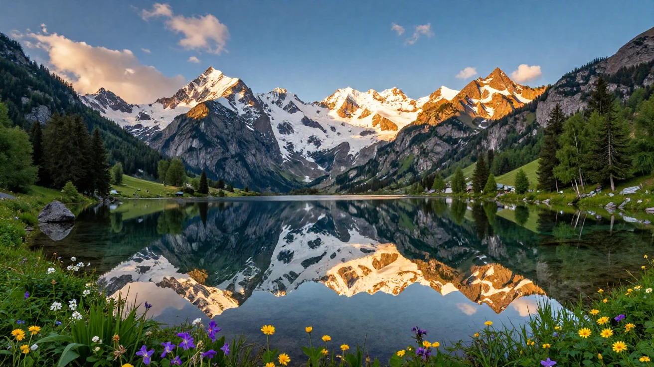 The Swiss Alps reflected in a crystal clear alpine lake