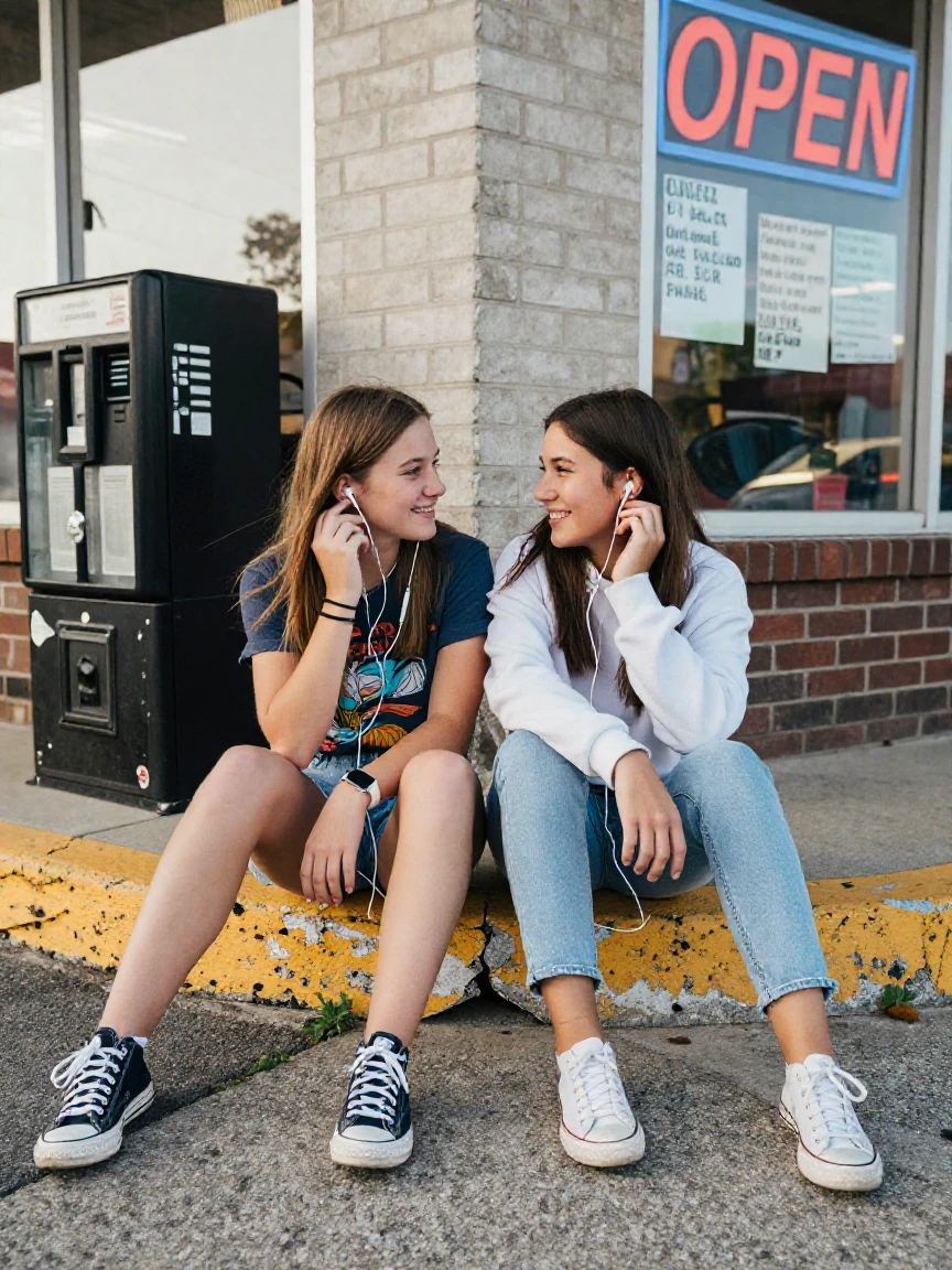 Two teenage best friends share a single pair of earbuds while sitting on a curb outside a corner store.