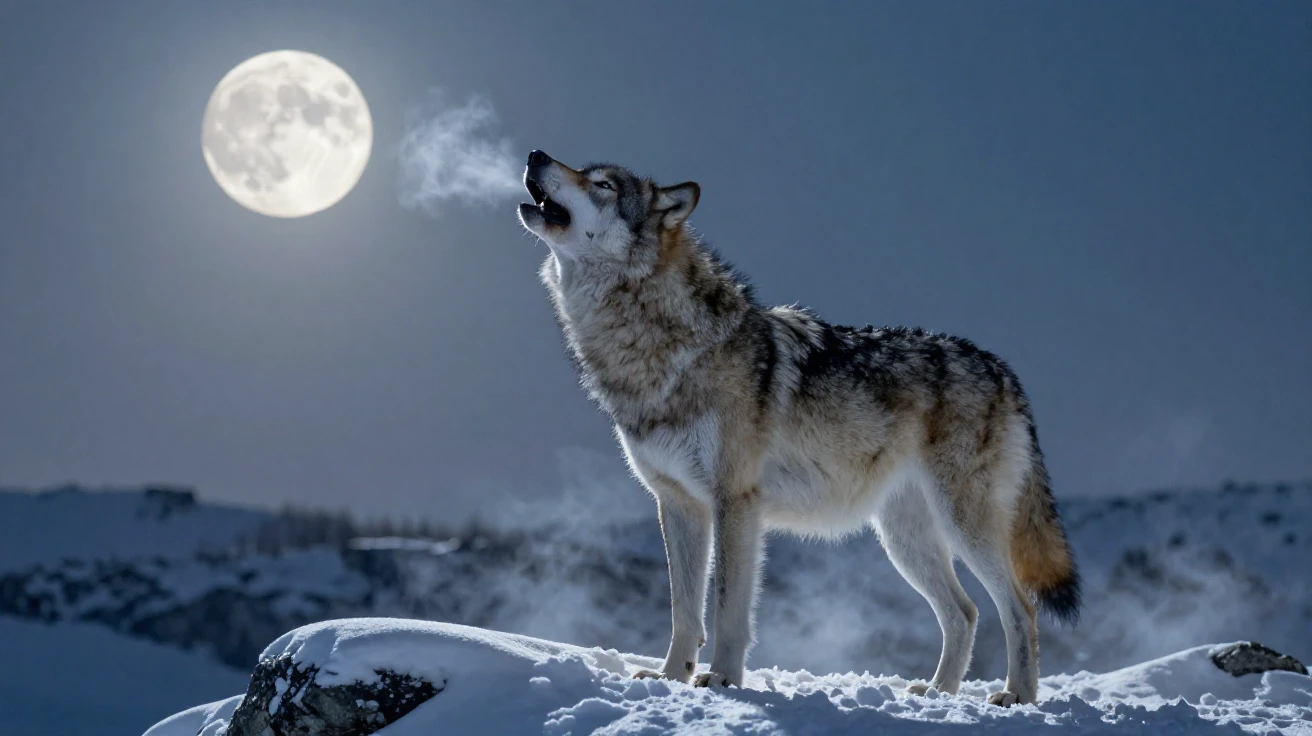 A wolf howling atop a snow-covered ridge under a full winter moon