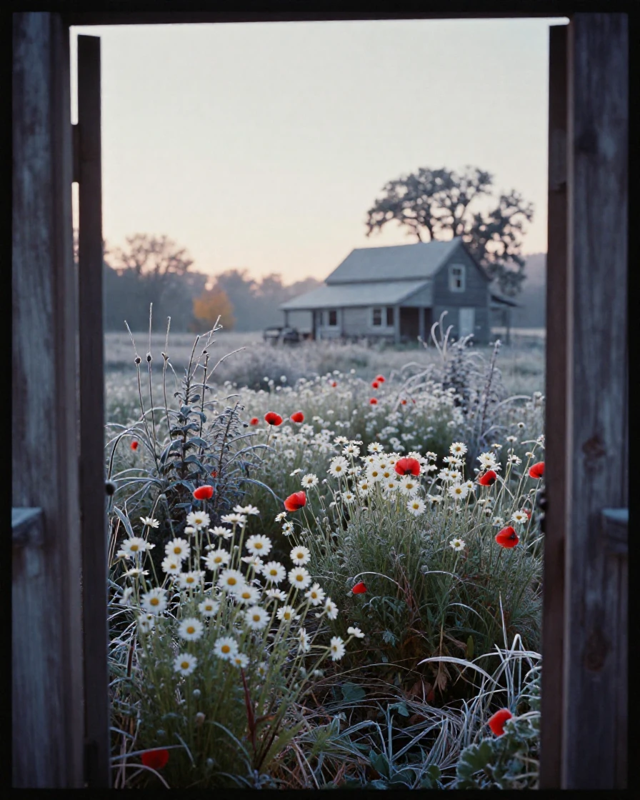 A wild meadow bursting with daisies and poppies, in gentle diffused daylight, with frost coating every surface, in late autumn, in cool blues and silvery greys, framed through an open doorway.