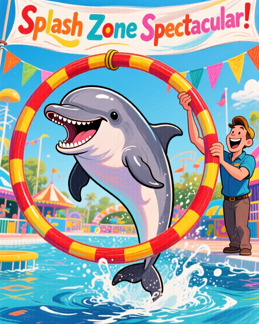 A playful dolphin leaping through a hoop at a marine park, mouth open in a grin.