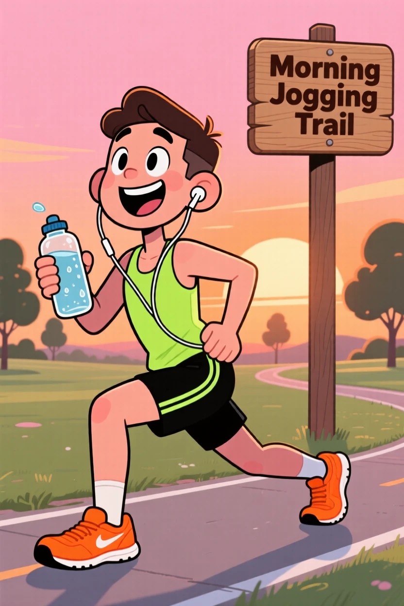 An everyday-life snapshot of a dedicated jogger stretching at sunrise, water bottle in hand and earbuds in place.