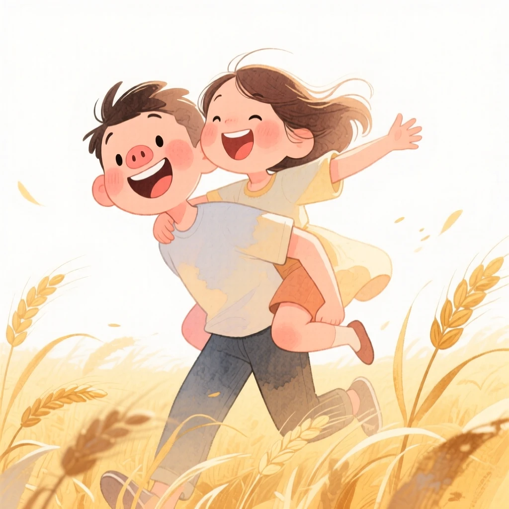 A couple celebrating their anniversary piggyback riding through a golden wheat field