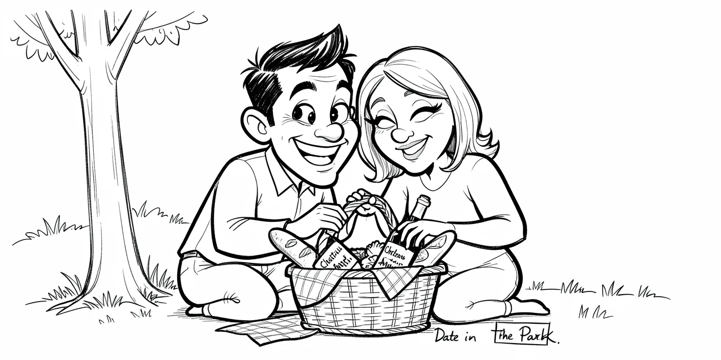 [Family & Relationship Moments] Heartwarming scene of a couple packing a picnic basket for a date in the park, radiating love and warmth