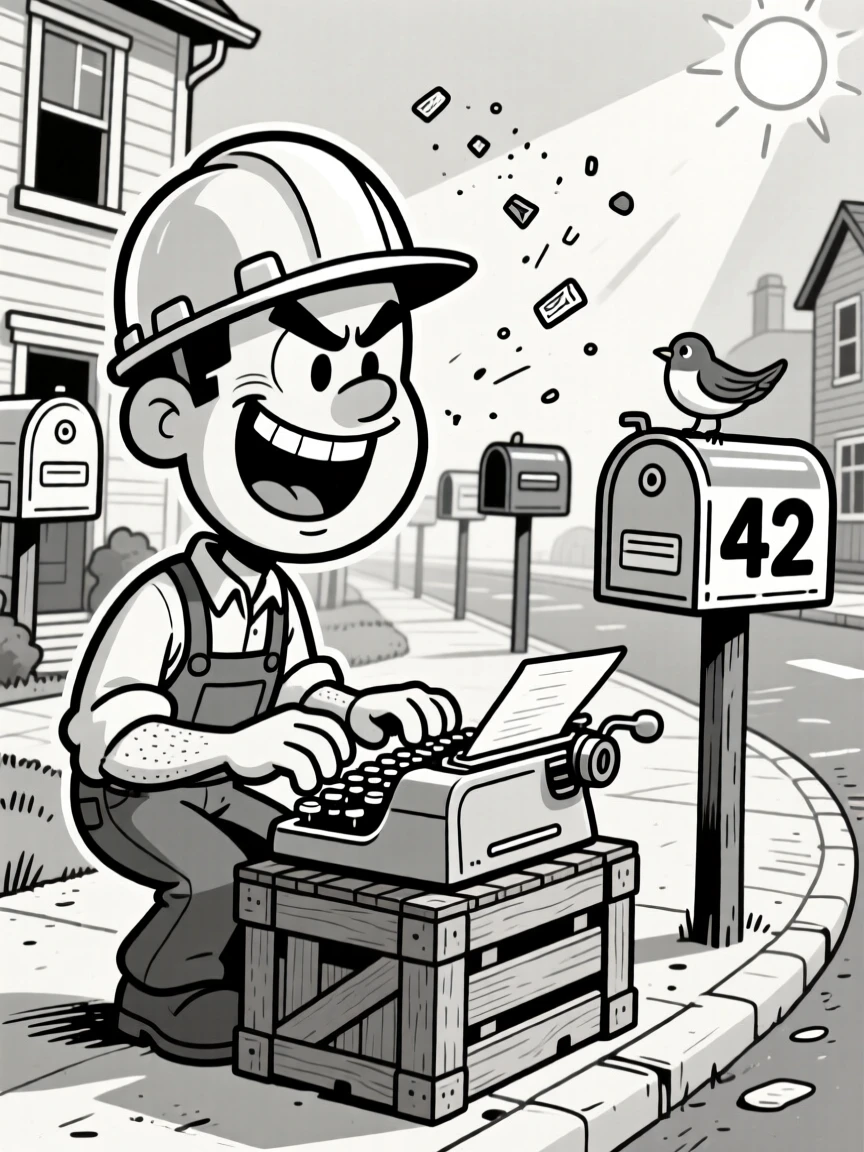 A determined construction worker with a hard hat askew, typing furiously with a triumphant grin, set on a quiet suburban street lined with mailboxes. Chalk dust floats in a sunbeam. It's a lighthearted tribute to a job well loved.