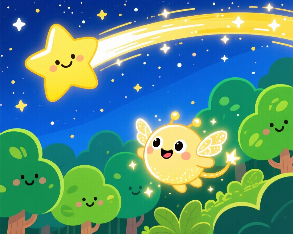 A star falling to earth and turning into a small glowing creature.