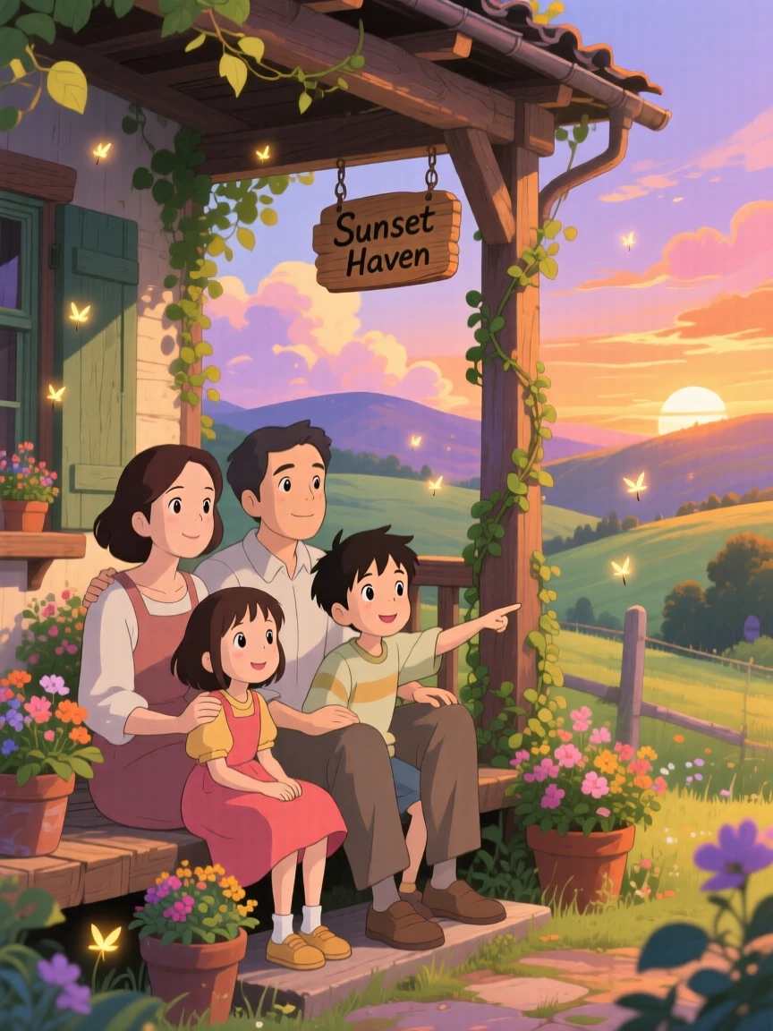 A family gathered on the porch watching the sunset, the scene quietly joyful.