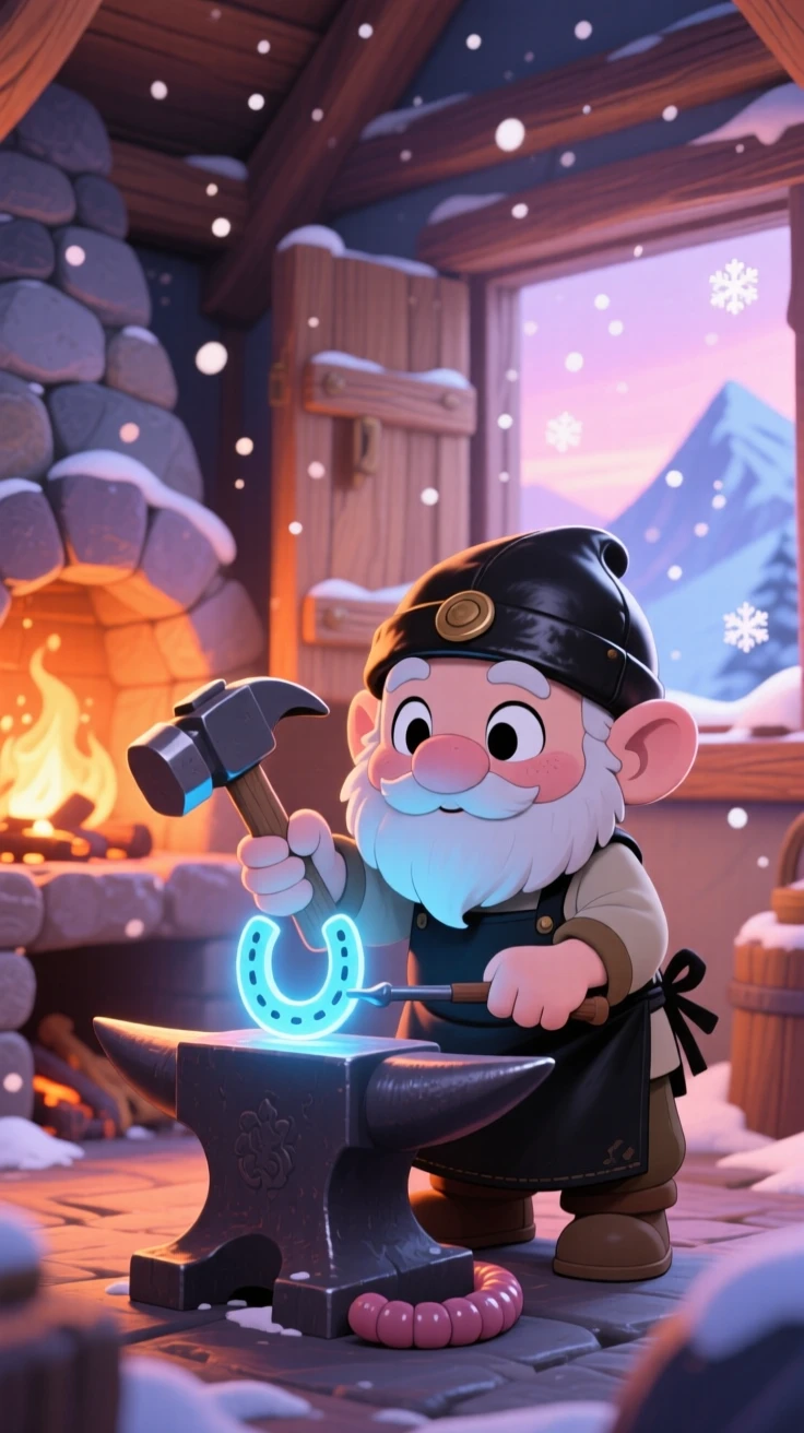 Worm's-eye view: a small dwarf blacksmith, hammering a tiny glowing horseshoe, set against a cozy mountain forge amid softly falling snow, with soft pastel light of dawn and a mood of warm affection.