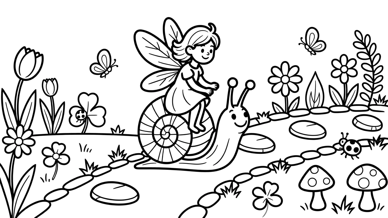 A fairy riding a snail across a garden path
