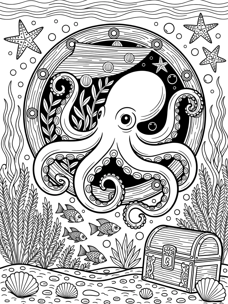 An octopus with tentacles curling around a sunken ship's porthole.