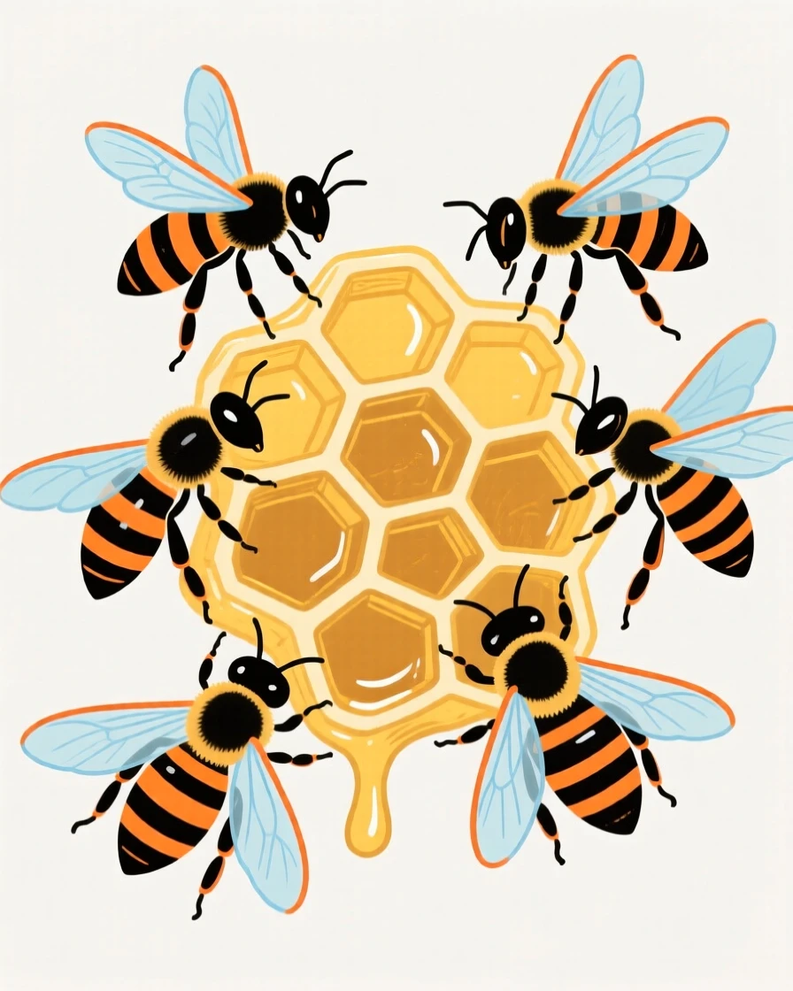 A group of bees around a honeycomb.