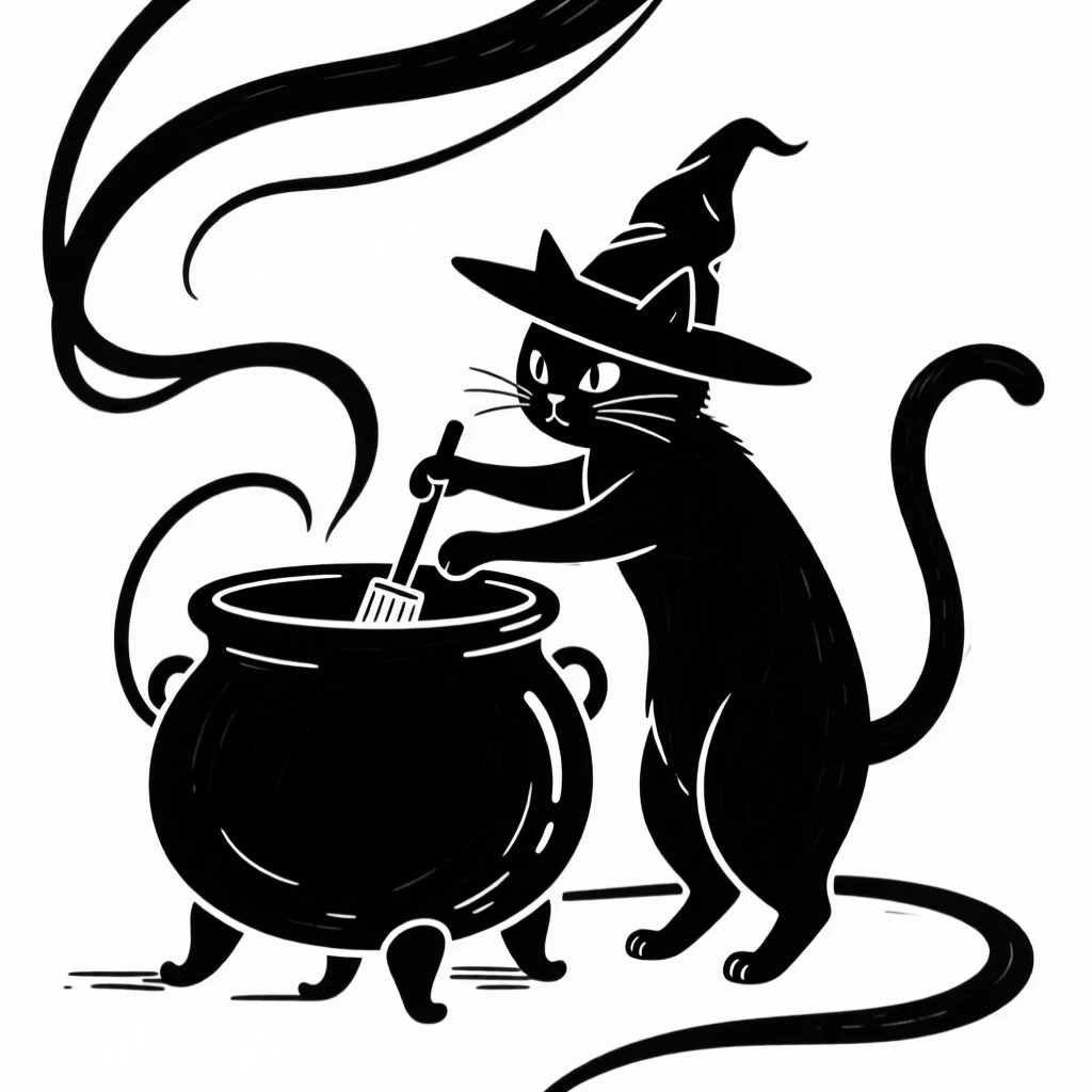 A tiny witch's cat familiar stirring a cauldron that's far too big for it.