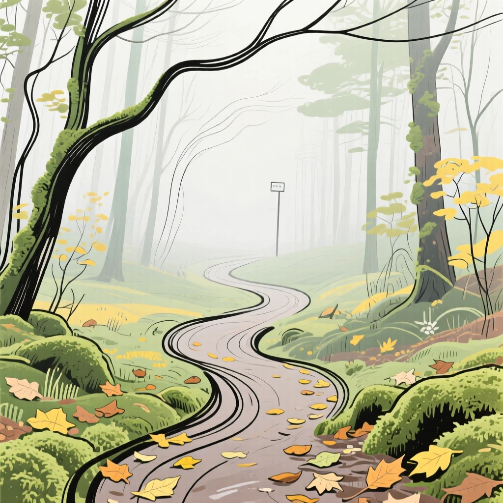 A misty forest path covered in moss and fallen leaves.